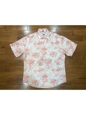 Joseph Abboud 100% Linen Coral & White Floral Button Up Shirt Beach Luxe Size M